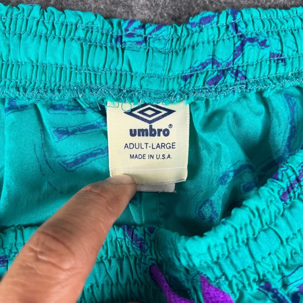 Vintage 90s Umbro Shorts Mens Large Teal Nylon Graphic Print Made in USA